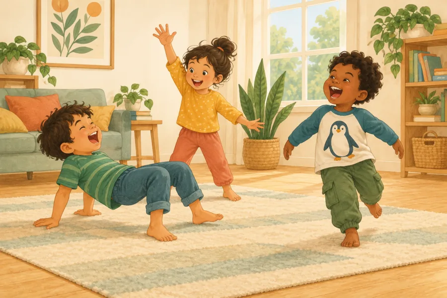 Three children laughing as they combine silly animal movements and sounds in a living room