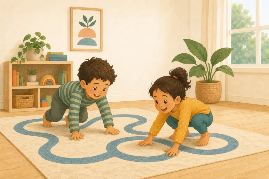 Two children crawling and hopping like animals across a living-room rug