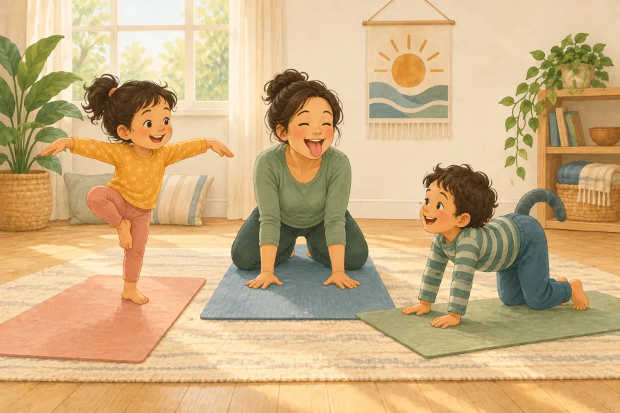 A parent and two children practicing flamingo, lion and cat-inspired yoga poses on mats