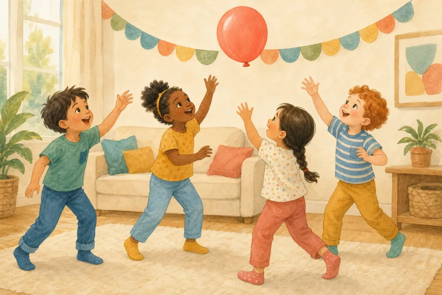 Four children cooperatively batting a coral balloon upward at an indoor birthday party