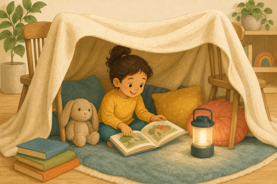 A child reading inside a blanket fort lit by a small lantern
