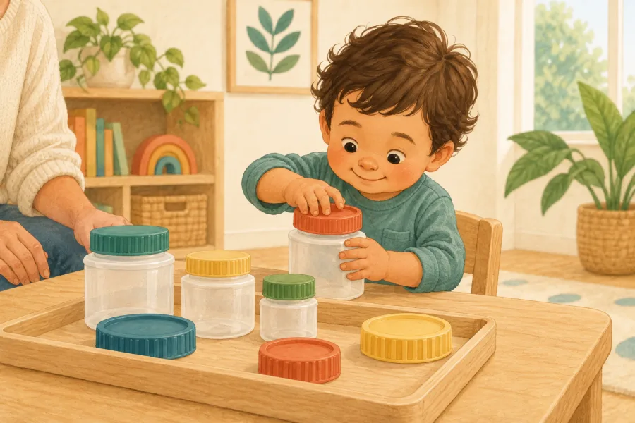 A toddler concentrating as he twists a large colorful lid onto a plastic jar at a low table