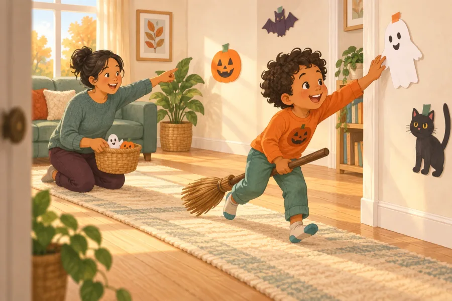 A preschooler rides a child-sized broom indoors while collecting friendly Halloween paper characters