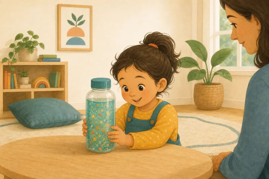 A child watching teal and gold glitter settle inside a sealed sensory bottle