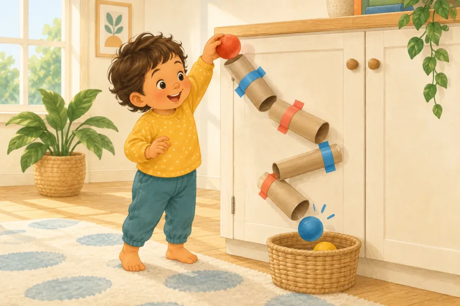 A toddler dropping a large soft ball into a zigzag cardboard tube run taped to a cabinet