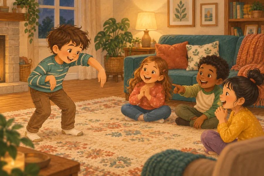 A child acting out an animal while three friends laugh and guess during a cozy game night