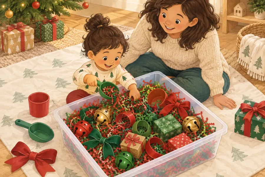 A toddler scoops red and green paper filler in a Christmas sensory bin while a parent watches