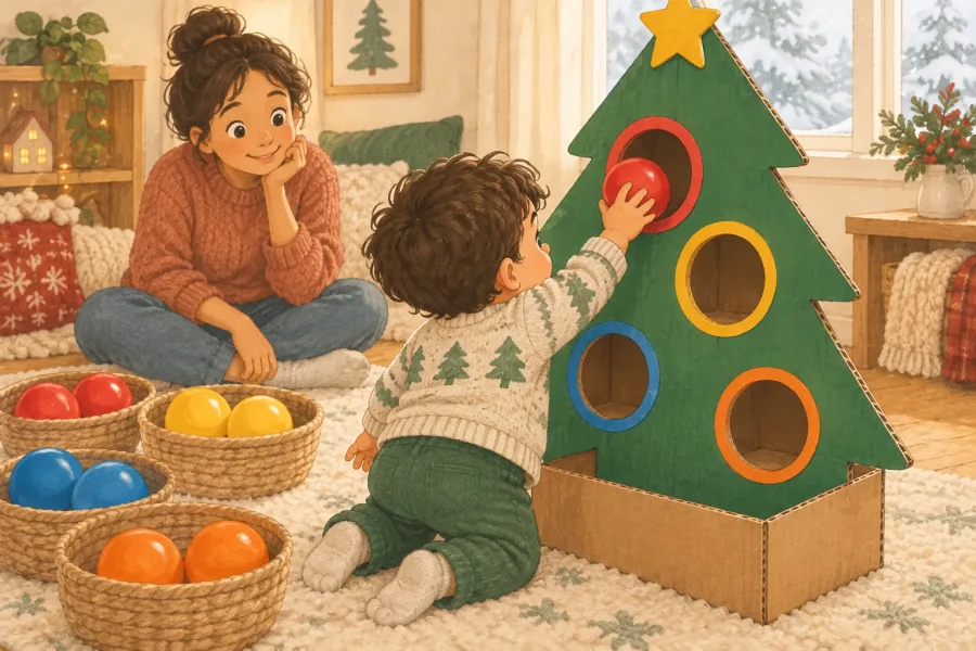 A toddler posts a large red ball into the matching hole on a sturdy cardboard Christmas tree