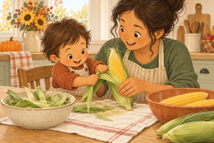 A toddler and parent pull green husks from fresh corn at an autumn kitchen table