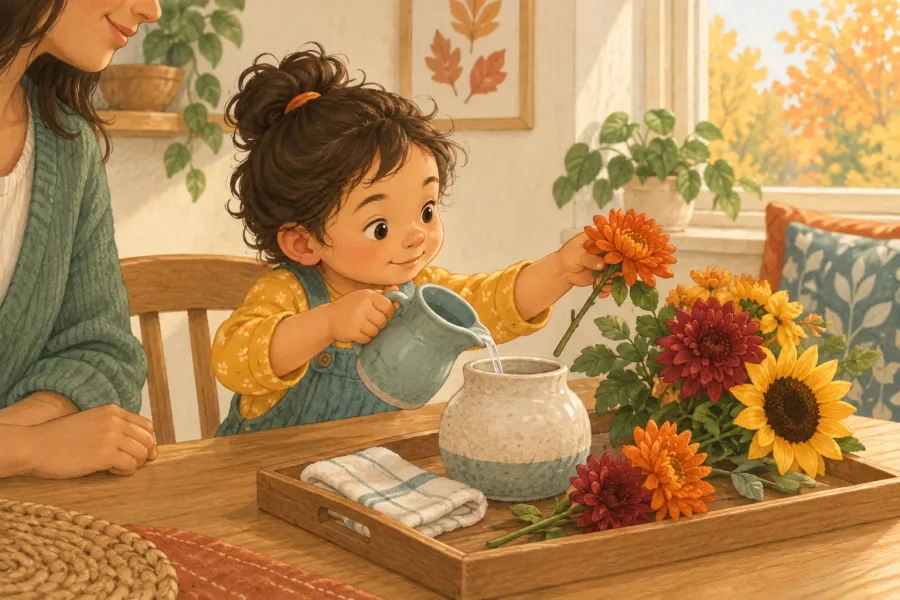 A young child pours water into a sturdy vase before arranging autumn flowers