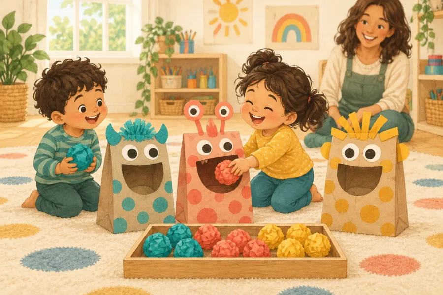Two children feed large colored paper balls to matching friendly paper-bag monsters