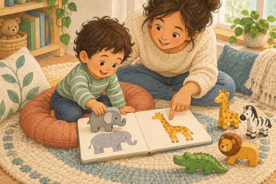 A toddler matching chunky animal figurines to pictures in an open board book with a parent