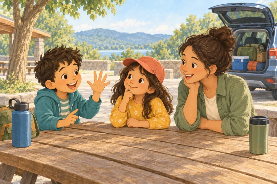 A child counts five category answers on one hand during a family road-trip rest stop