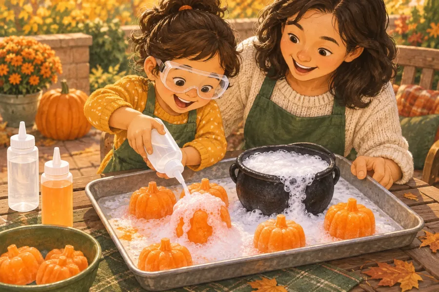 A child and parent make frozen baking soda pumpkins fizz with vinegar in a contained tray