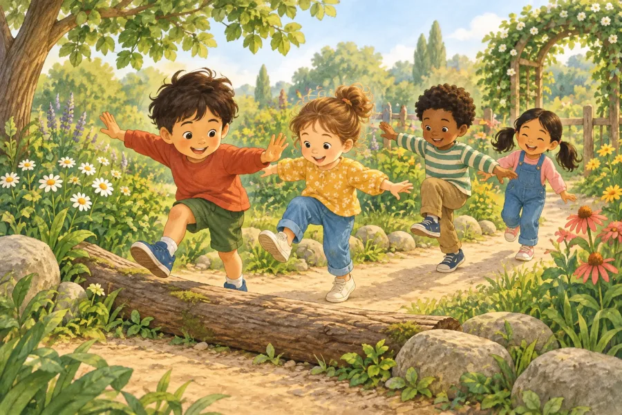Four children following a leader over a low log along a sunny garden path