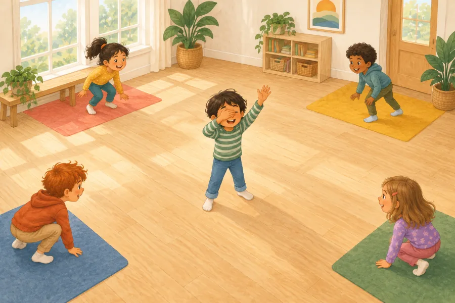 Children choosing colored corners while a caller covers his eyes in the middle of a bright room