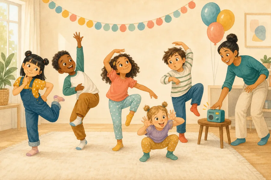 Children frozen in funny dance poses when the birthday party music stops