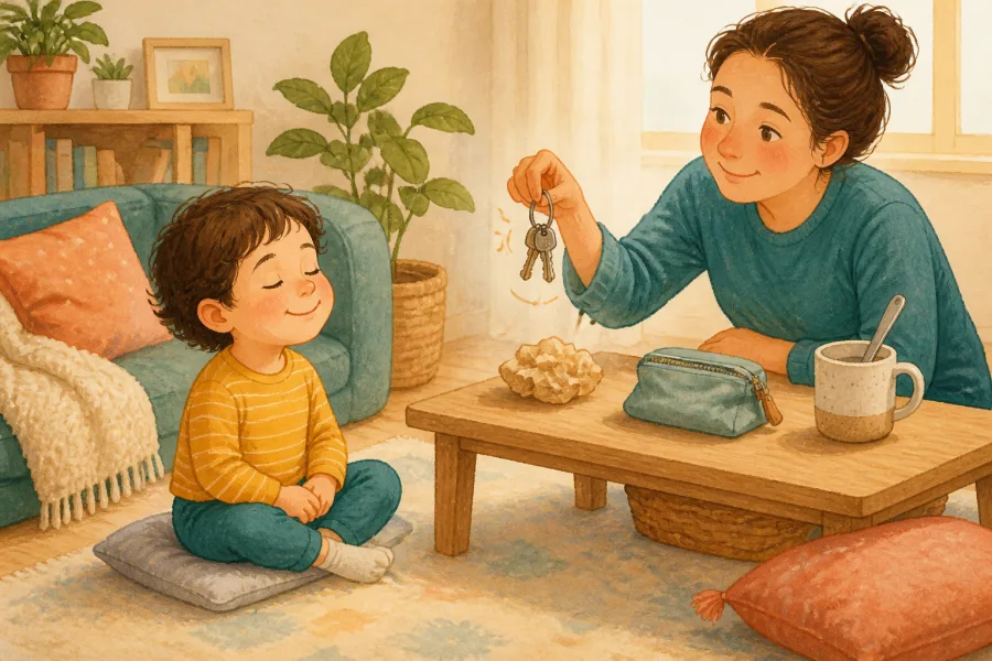 A child listening with eyes closed while a parent makes a sound with keys