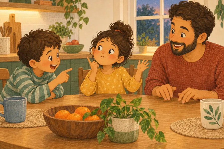 A child humming a mystery tune while a sibling and parent try to guess around the kitchen table