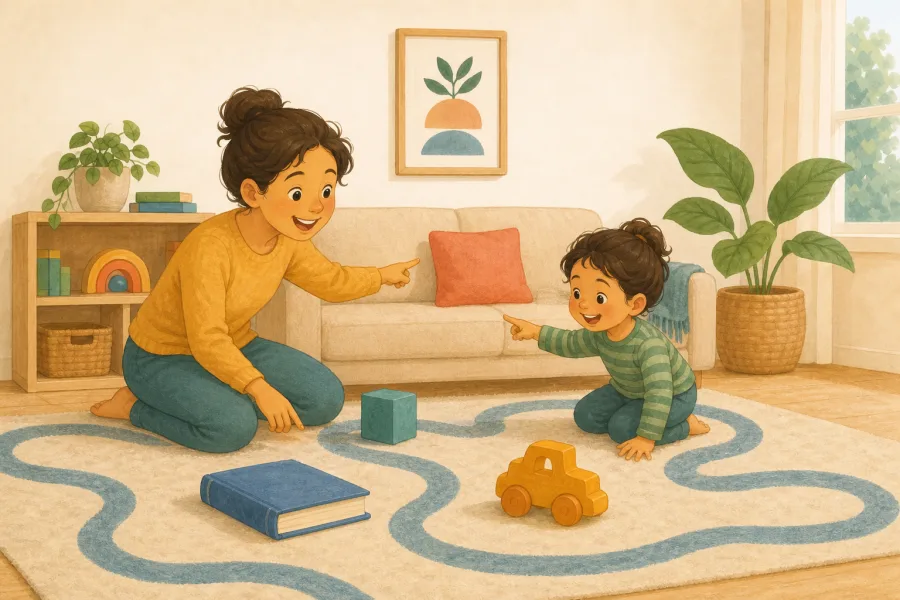 A parent and child pointing to colorful objects during an I Spy game