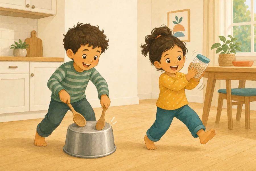 Two children marching with a pot drum and a sealed kitchen shaker