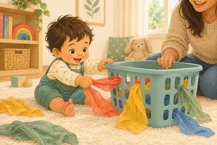 A seated baby pulls a short coral scarf through a hole in a laundry basket steadied by a parent