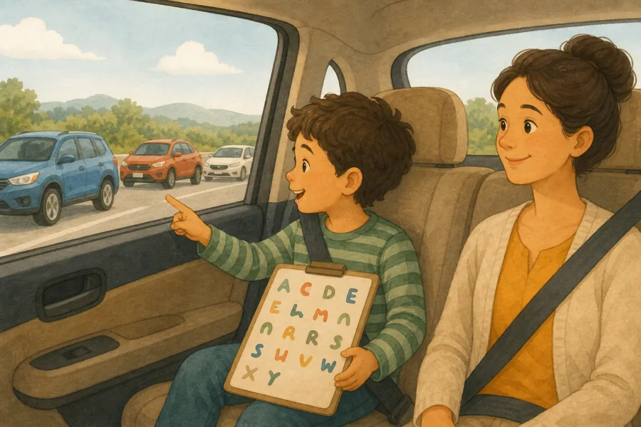 Children spotting alphabet letters on license plates during a family road trip