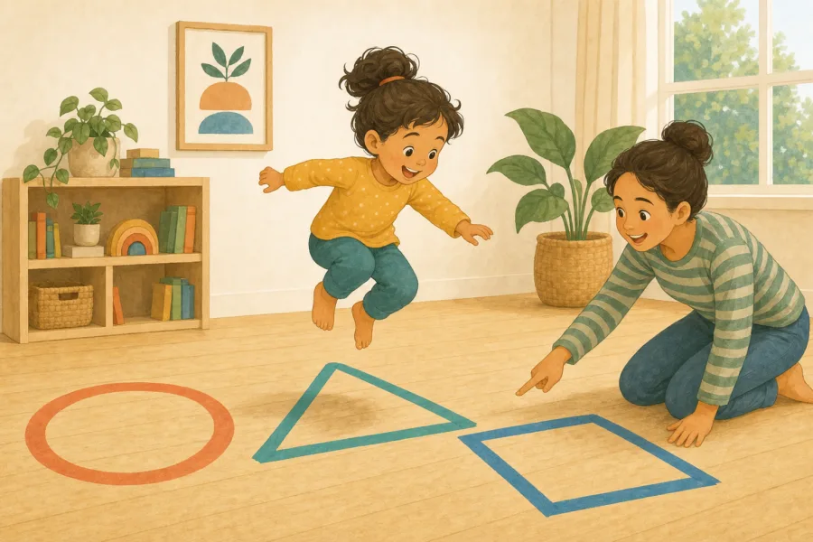A child jumping between large colorful tape shapes on a clear floor