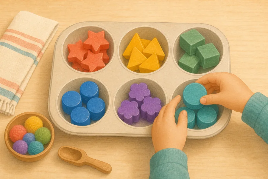 A toddler sorting large colorful pom-poms into a muffin tin