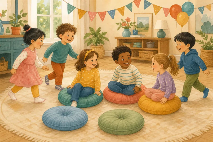 Children cooperatively sharing colorful floor cushions when the music stops