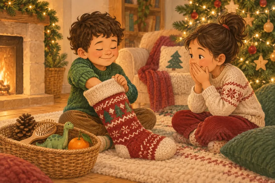 A child reaches into a Christmas stocking with eyes closed while a sibling waits for the guess