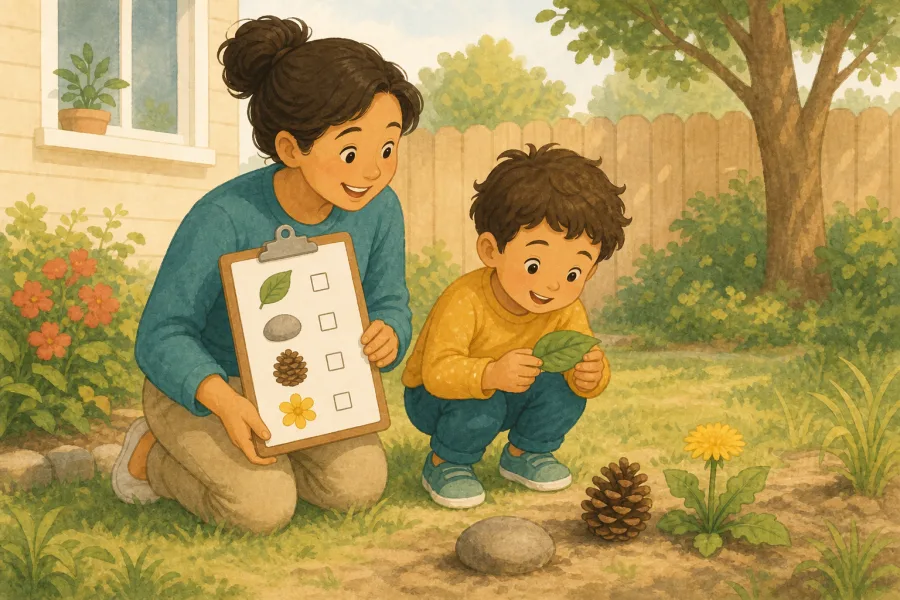 Two children examining leaves and stones during a backyard nature hunt