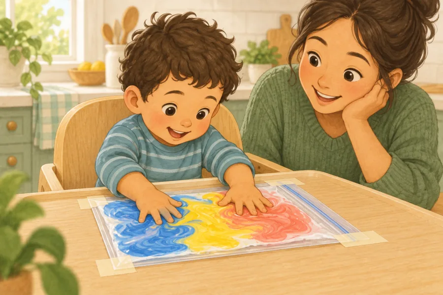 A toddler mixes blue, yellow and coral paint by pressing a sealed bag taped to a high-chair tray