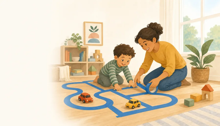 A child driving toy cars along a winding painter's tape road on the floor