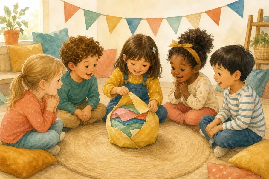 Children sitting in a circle and opening one layer of a shared birthday parcel