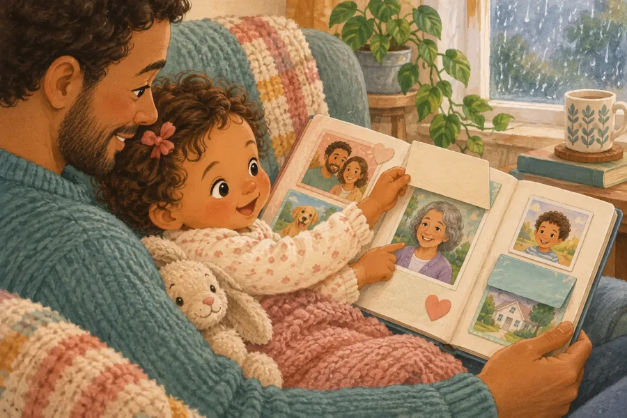 A toddler lifts a paper flap in a homemade family photo book while cuddled beside a parent