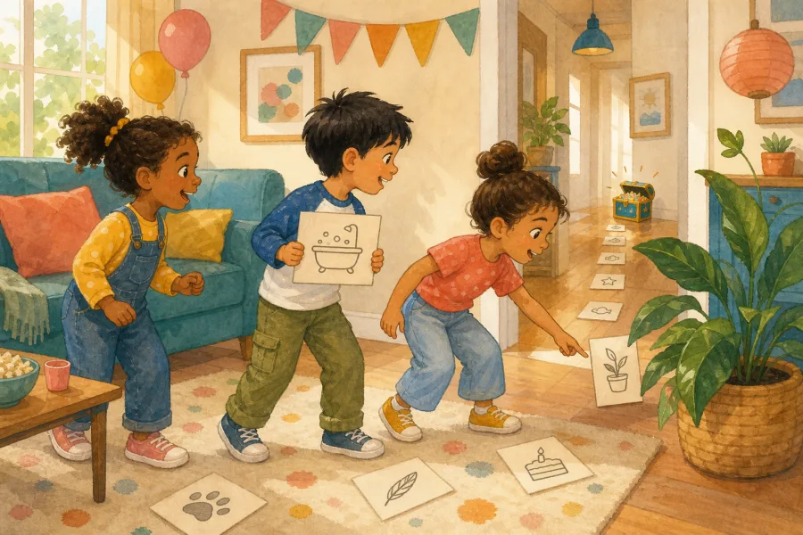 Children following hand-drawn picture clues through the house toward a treasure