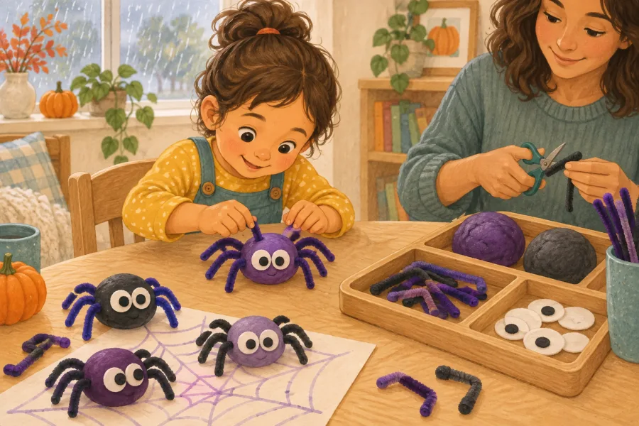 A preschooler makes a purple play dough spider with eight soft pipe-cleaner legs