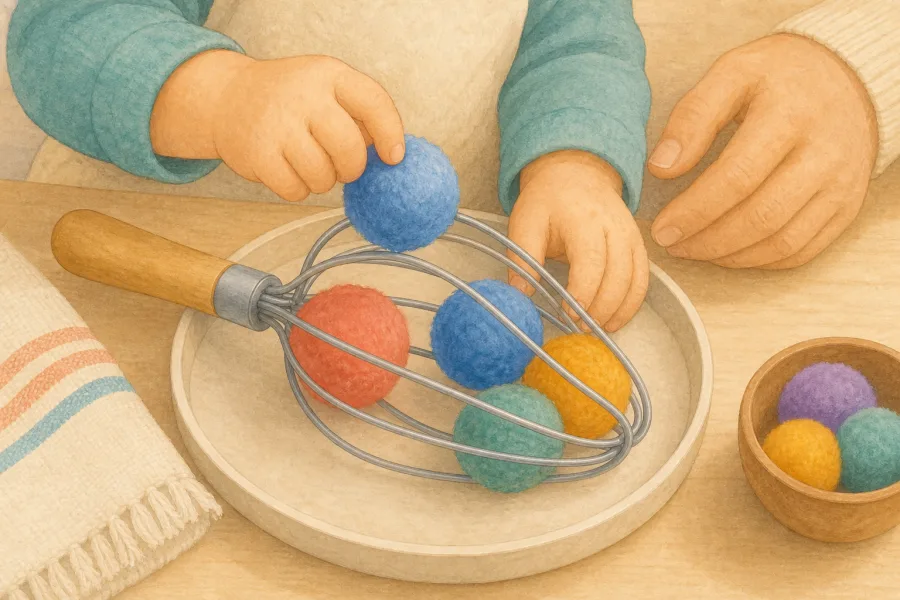 A toddler pulling large colorful pom-poms through the wires of a kitchen whisk