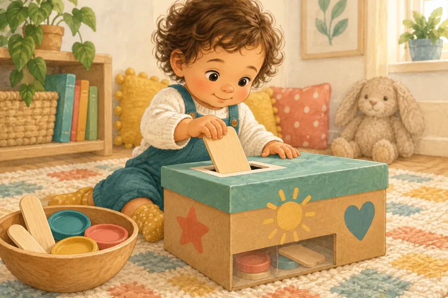 A toddler slides a large wooden card into the smooth slot of a homemade posting box