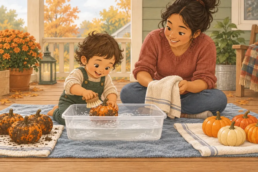 A toddler scrubs muddy mini pumpkins in a shallow wash tub while a parent sits nearby