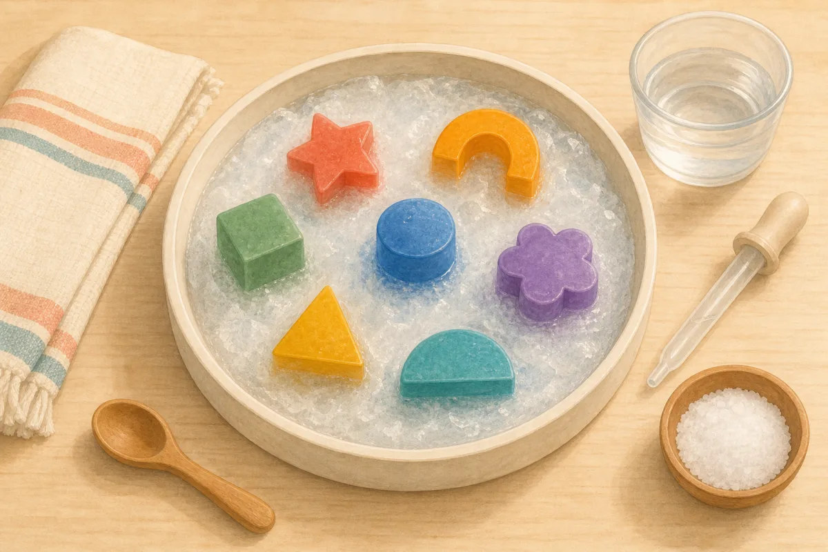A child using a dropper and salt to free colorful toy animals from a block of ice