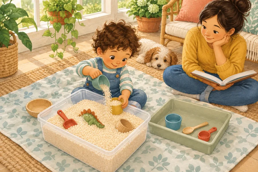 A preschooler scoops dry rice and uncovers a toy dinosaur in a contained sensory bin