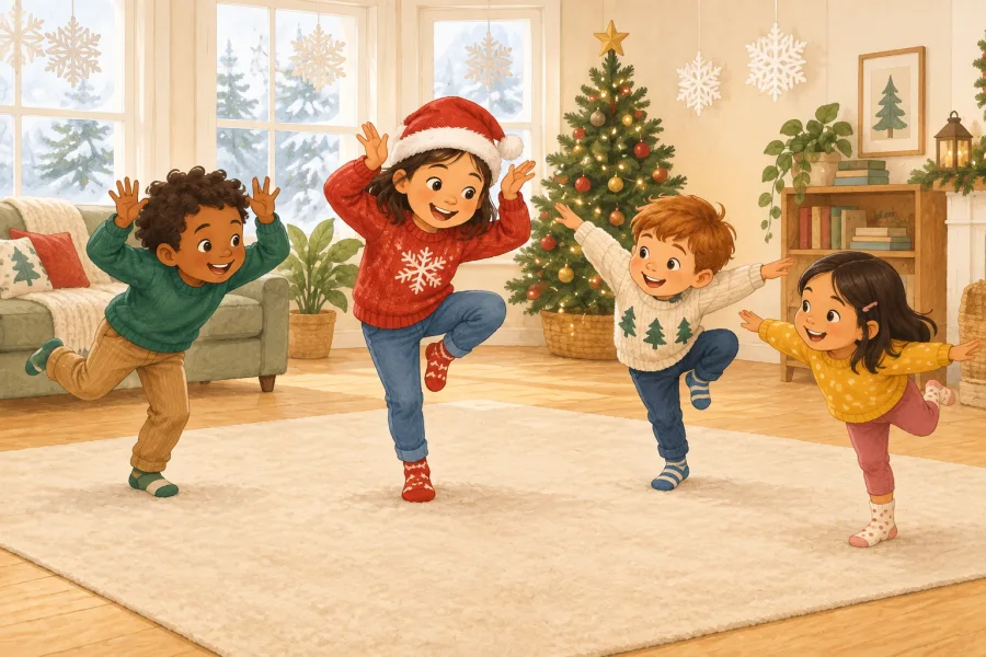 Four children balance and copy the child leader during a cheerful game of Santa Says