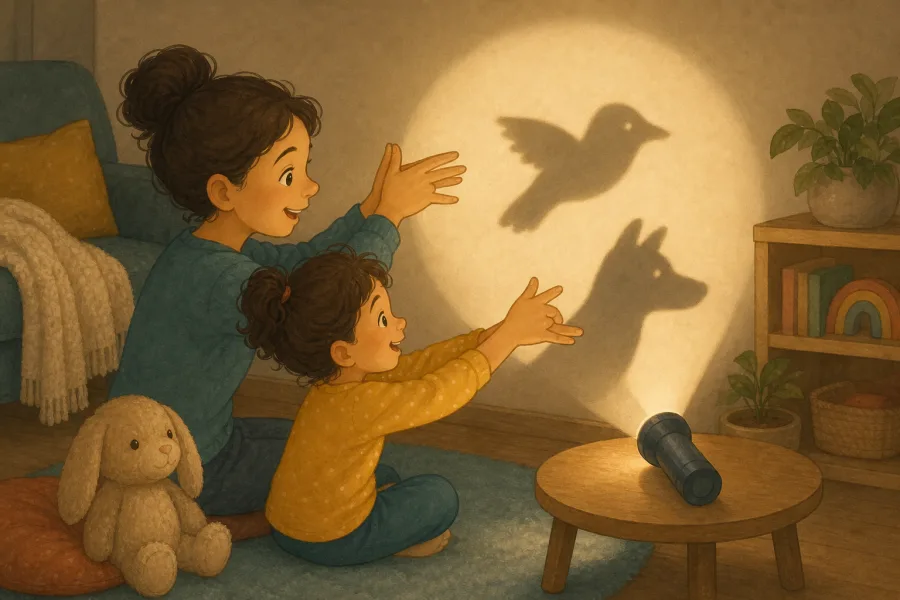 A parent and child making bird and rabbit shadows on a softly lit wall