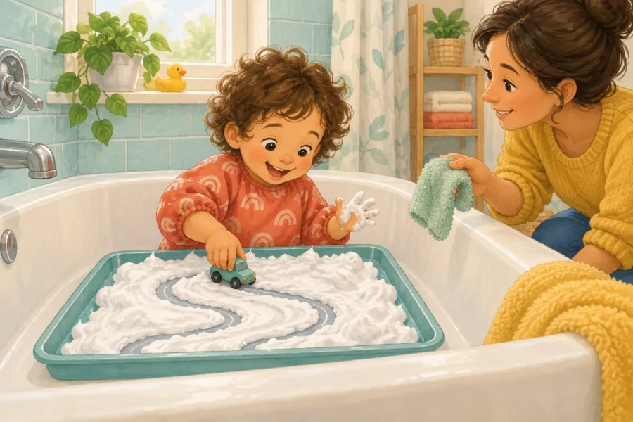 A preschooler makes toy-car tracks through shaving foam on a tray inside an empty bathtub