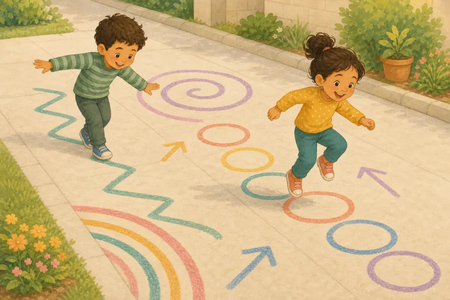 Children hopping through a colorful sidewalk chalk obstacle course