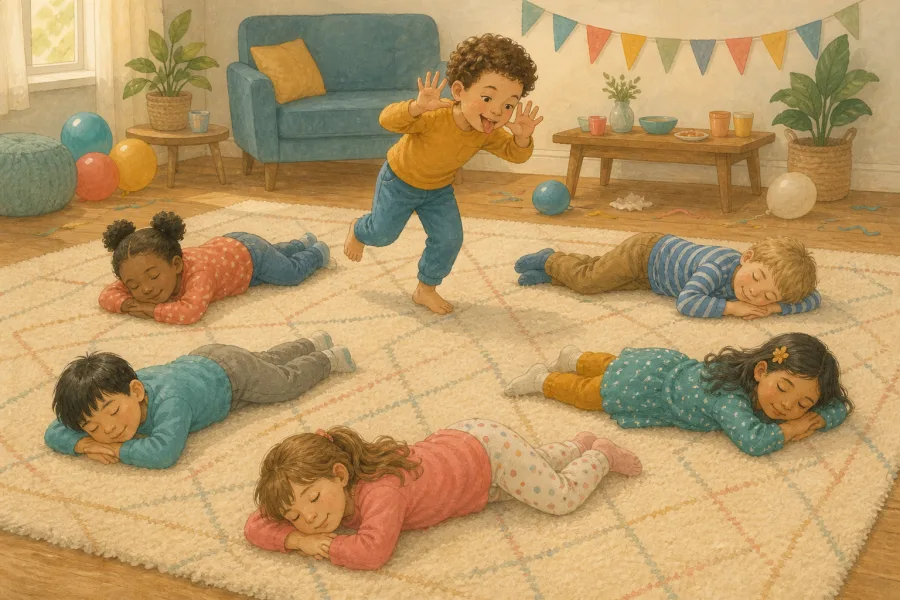 Children lying still like sleeping lions while one child tiptoes between them