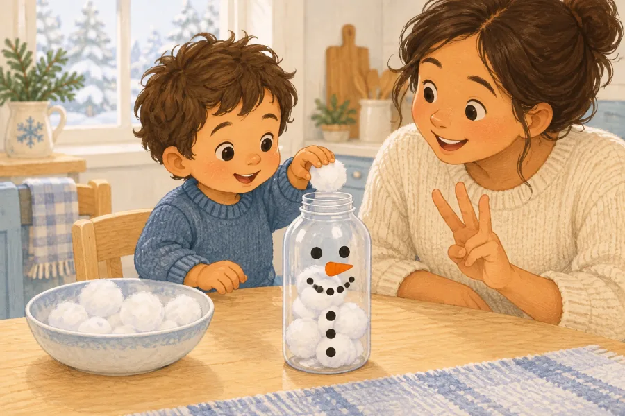 A toddler drops a large cotton ball into a clear wide-mouth snowman bottle