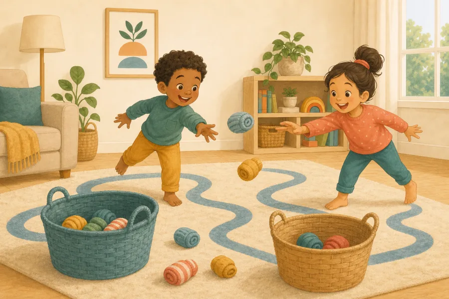 Two children tossing rolled socks toward laundry-basket targets indoors